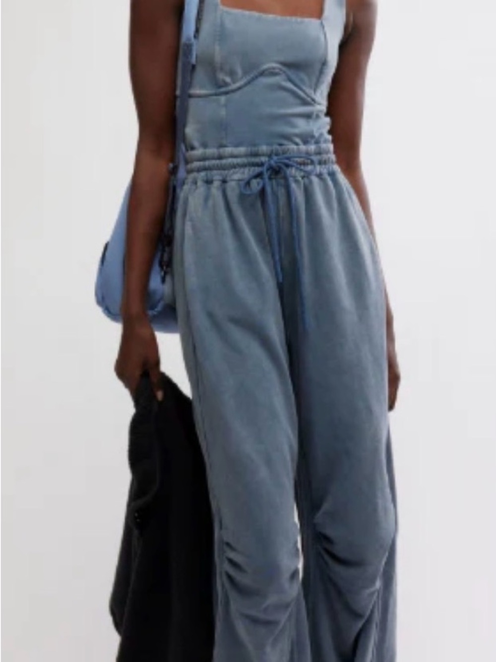 Free People Washed Blue Denim Drawstring Jumpsuit $128! NWOT! XS